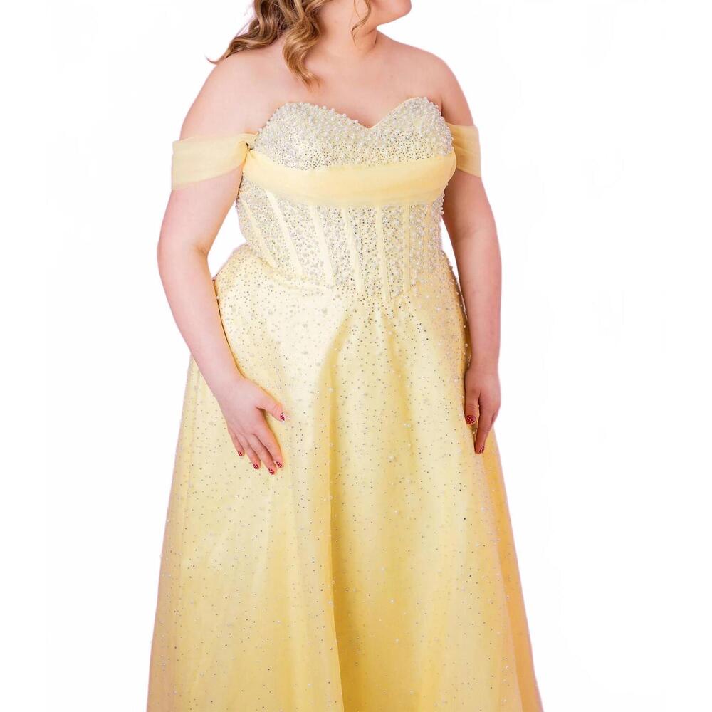 NEW SYDNEY'S CLOSET pearl embellished off the shoulder gown in canary